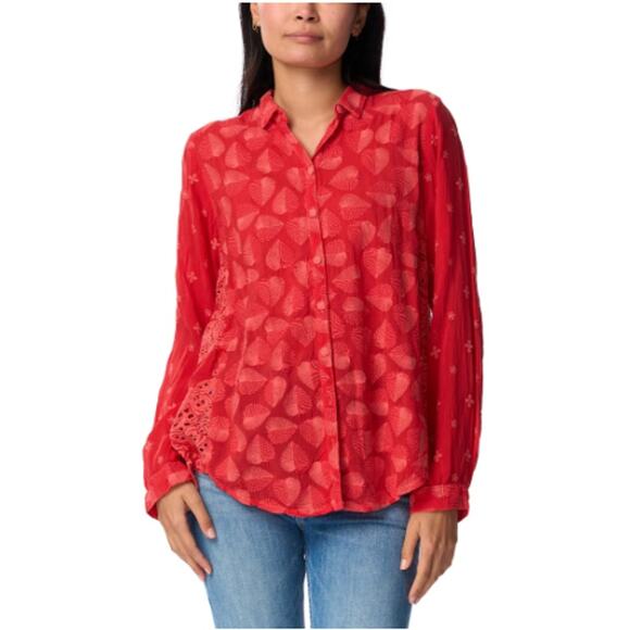 Johnny Was Pine Desi Blouse Embroidered Leaves Open Eyelet Cupra Orange S - Picture 1 of 8